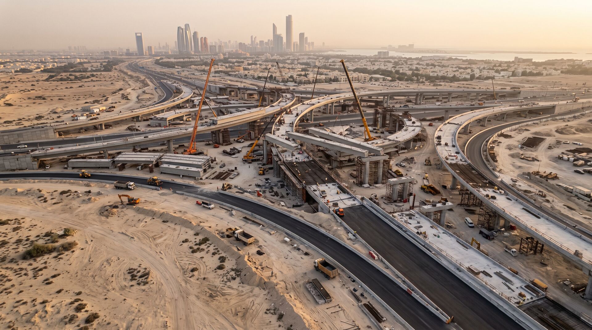 Aerial view of a large highway interchange under construction on the edge of a desert city.