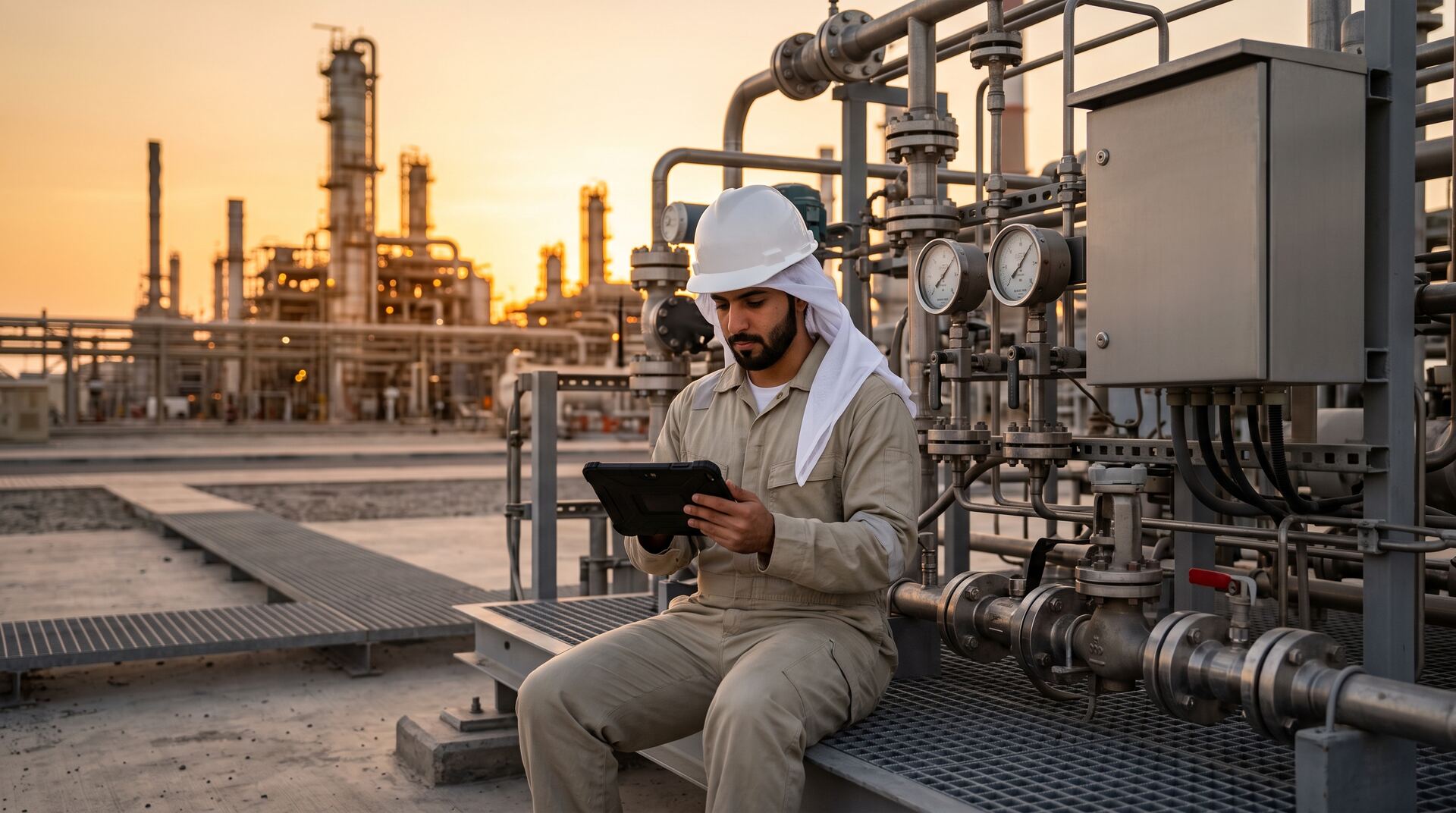An engineer with a tablet checking gas metering equipment at an industrial facility.