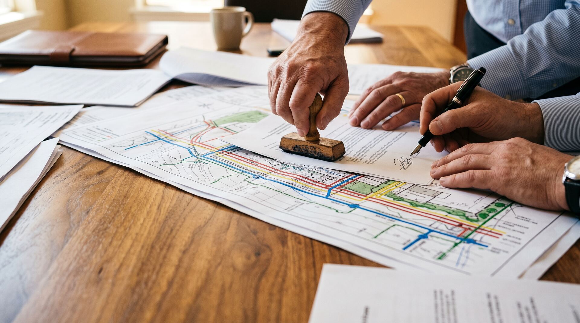 Hands stamping and signing approval documents laid over coloured utility route drawings.
