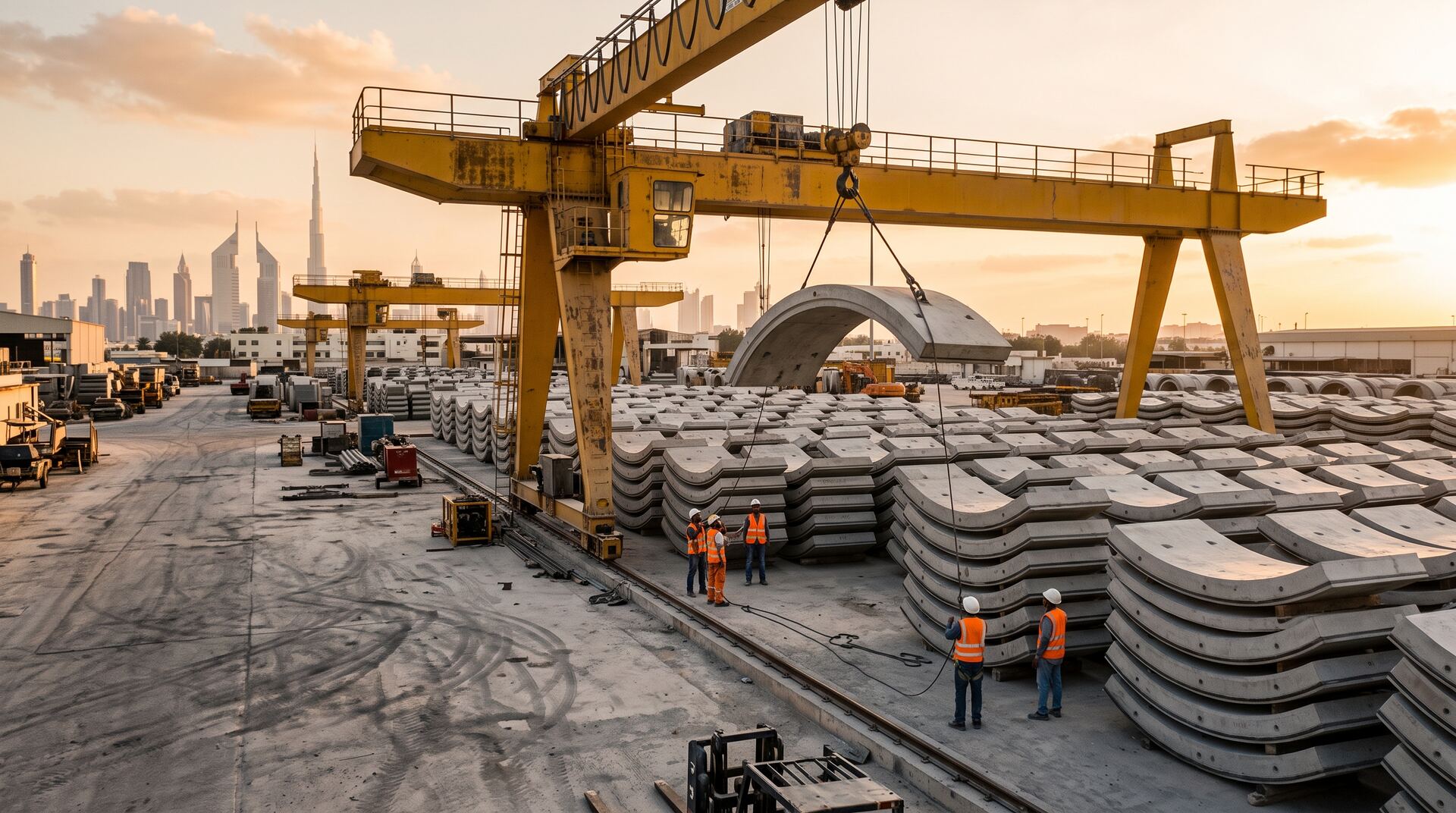 Precast concrete tunnel segments stacked in a factory yard under a gantry crane.