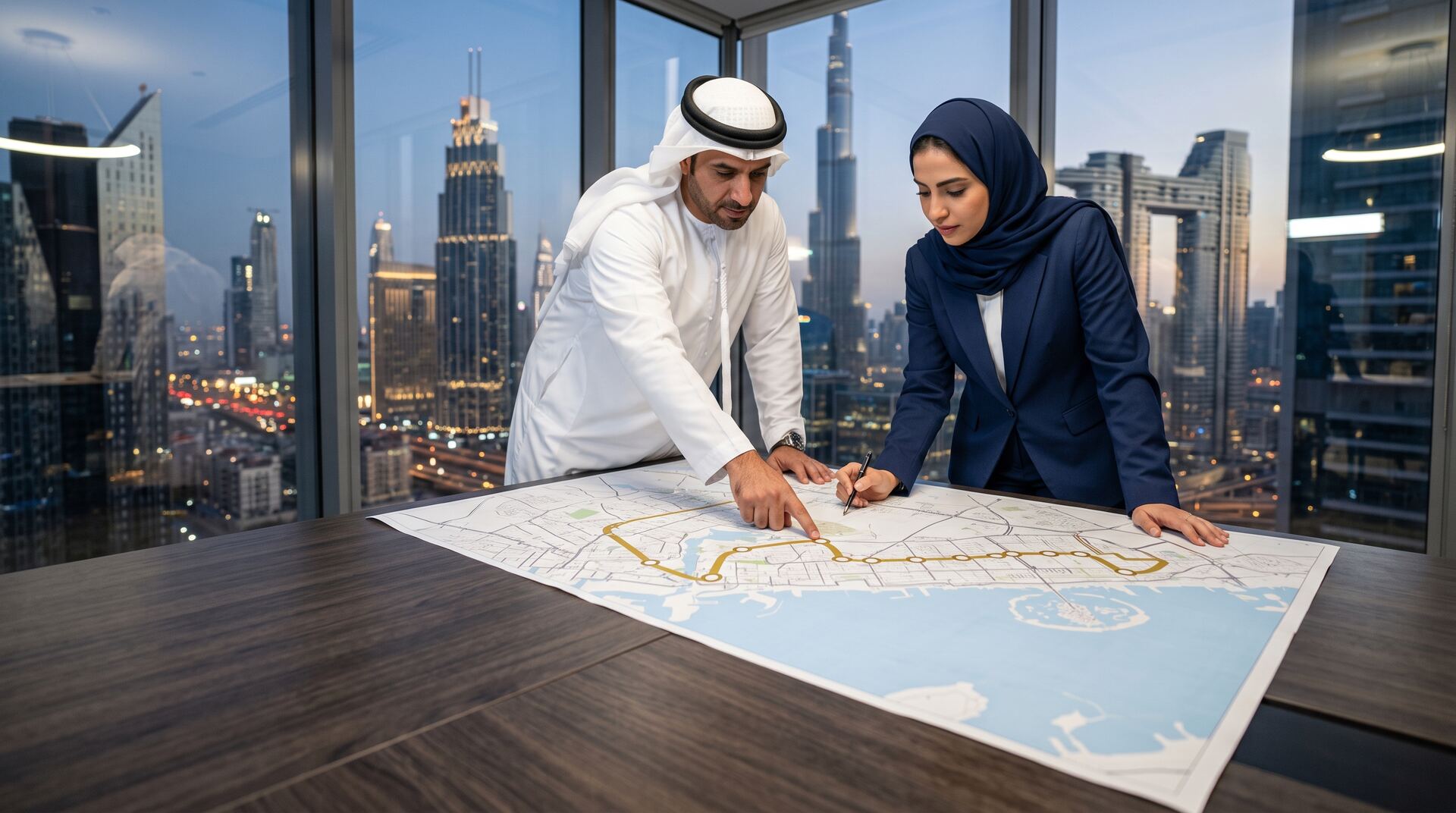 Engineers studying a metro route drawn across a large city plan, with towers outside the window.