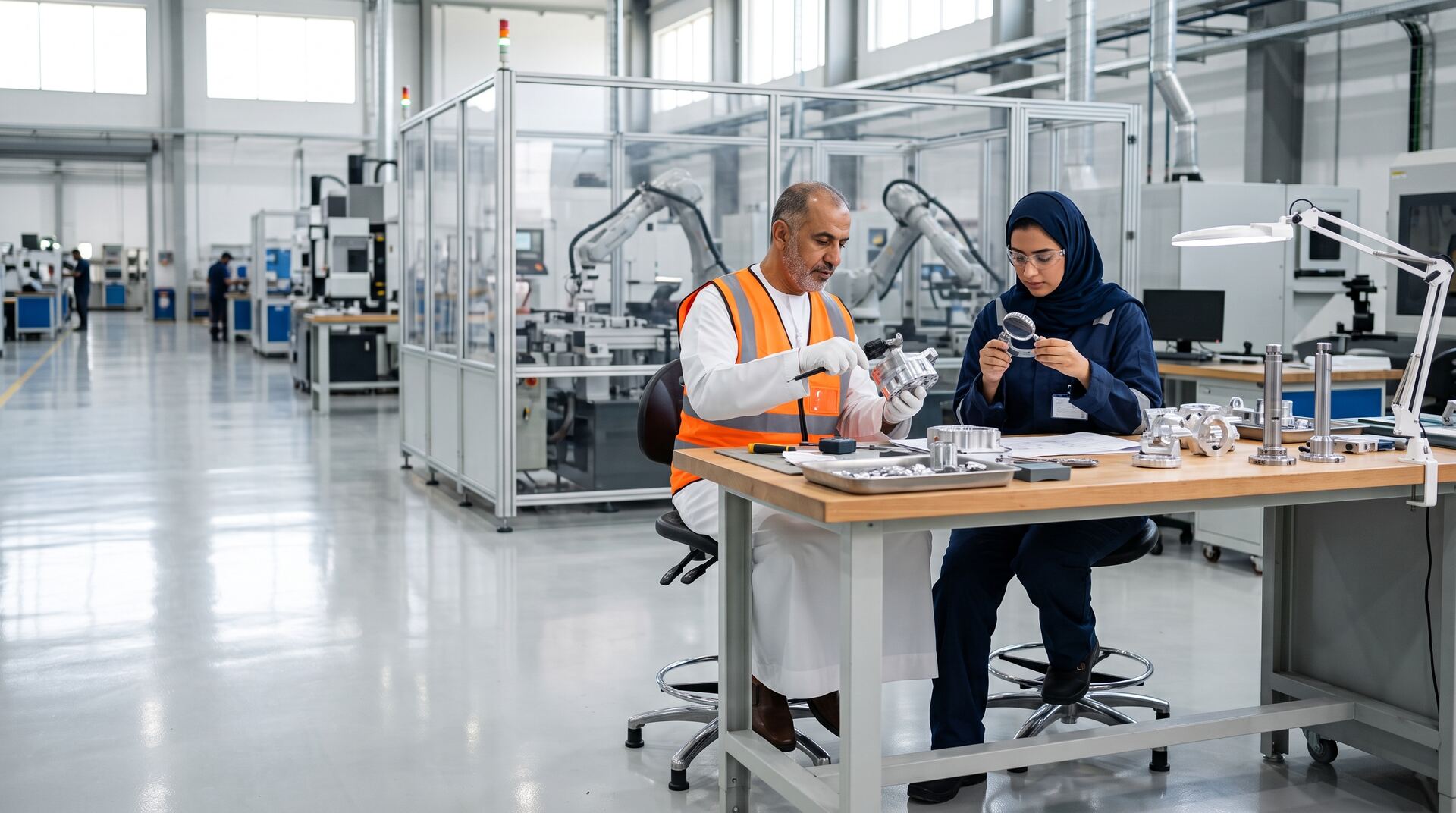 Engineers inspecting machined metal components on a modern factory floor.