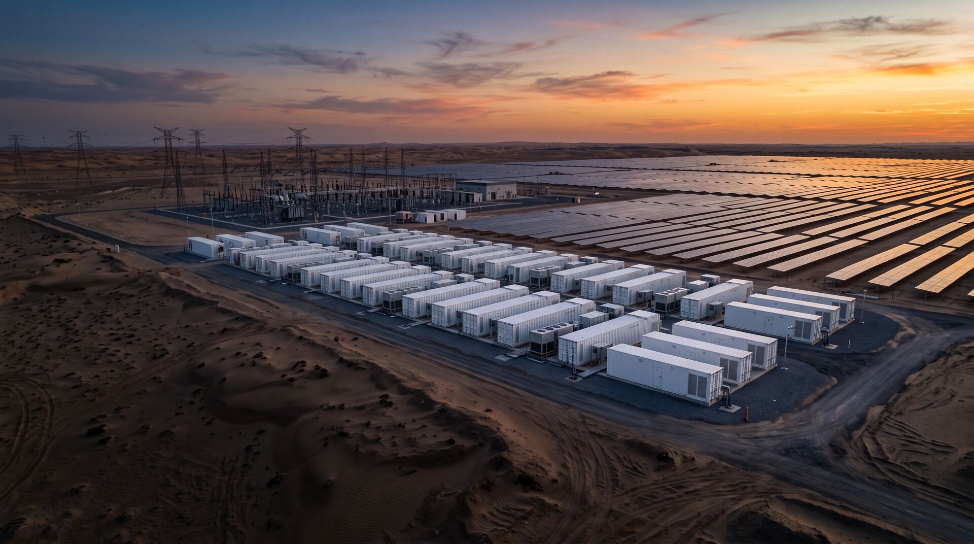 Rows of battery storage containers beside a vast desert solar field at dusk.