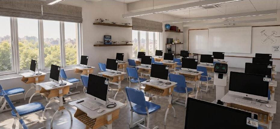 Rendering of a campus classroom with computer workstations.