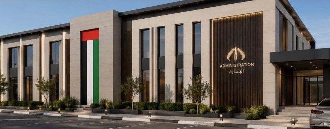 Rendering of the campus administration building, with the UAE flag on its stone façade.