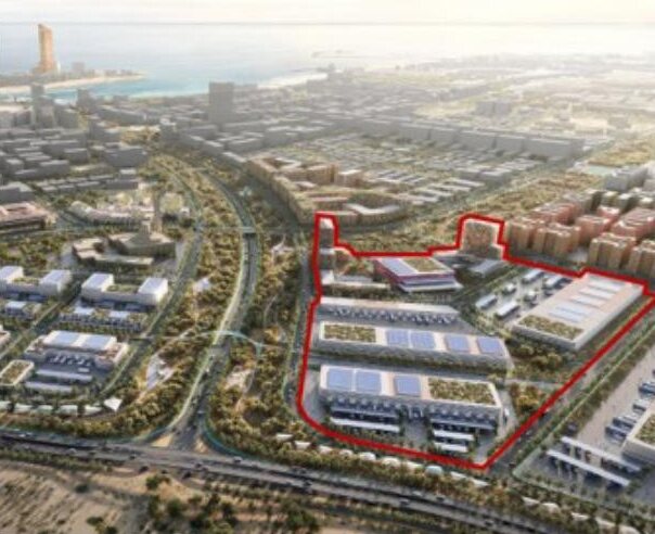 Aerial rendering of the Flex Connect site, outlined in red within the RAKEZ area of Ras Al Khaimah.