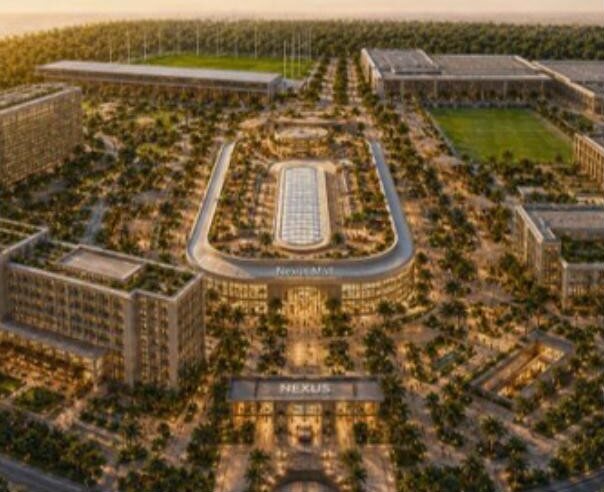 Aerial rendering of Flex Connect: sports pitches and a central oval among residential and retail buildings.