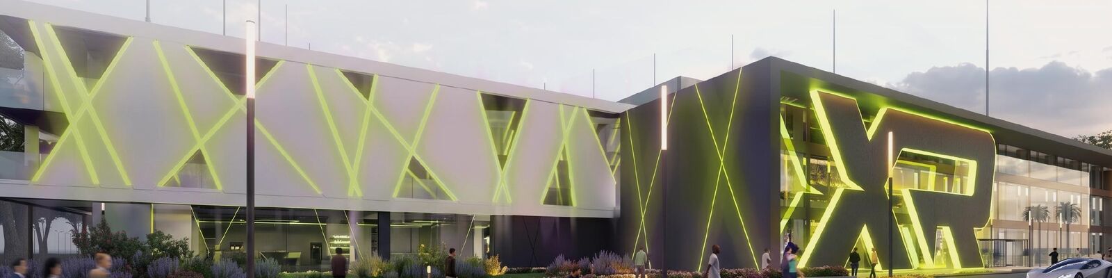 Rendering of an XRANGE golf entertainment venue, its façade lit with green X-shaped lines.
