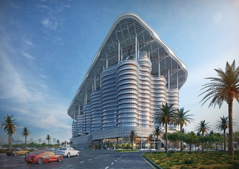 The curved, ribbed façade of the DEWA headquarters at Al Jaddaf, Dubai.
