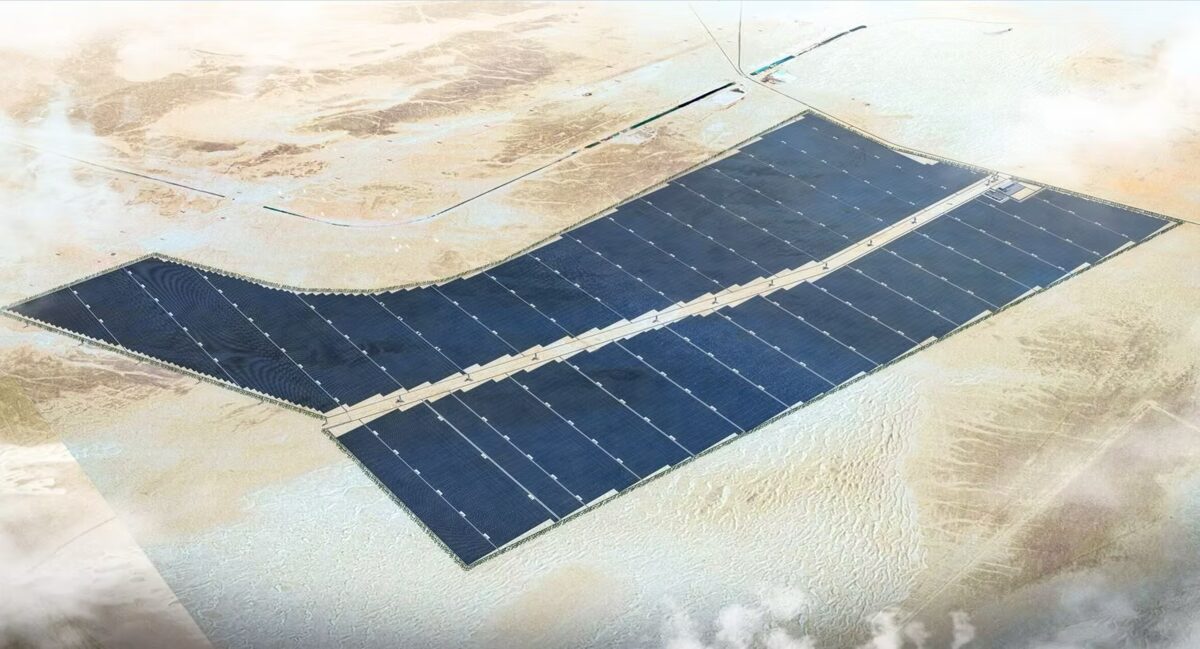Aerial view of the Al Dhafra PV2 solar photovoltaic plant, Abu Dhabi.